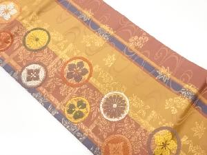 縞・格子に花々・流水模様織出し名古屋帯